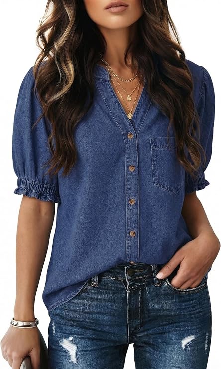 Dokotoo Women Denim Shirt Button Down Casual Short Sleeve V Neck Blouse Summer Tops