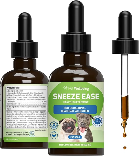 Pet Wellbeing Sneeze Ease for Dogs - Occasional Sneezing, Seasonal Allergies, Nose & Eye Discomfort, Eyebright, Nettles - Veterinarian-Formulated Herbal Supplement 2 oz (59 ml)