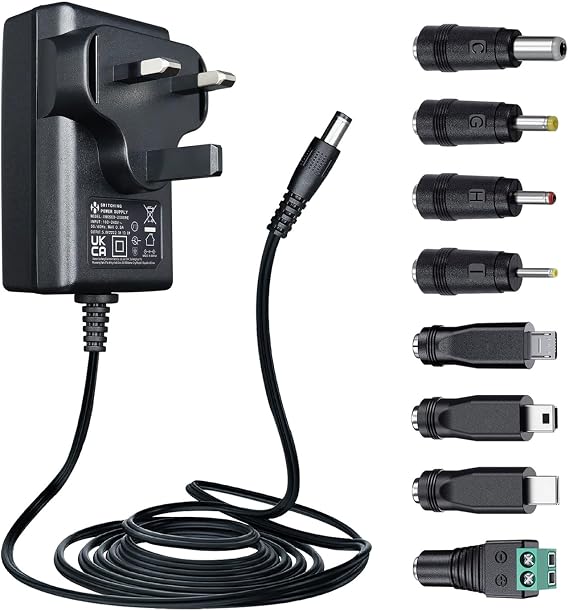 5V 2A 1.8M Power Supply Adapter with 8 Tips, DC 10W 2000mA 1500mA 1000mA 500mA Replacement Power Cord for Baby Monitor/Router/Speaker/TV Box/Graco Swing/Webcam/Tablet/USB Hub and More, UKCA Certified