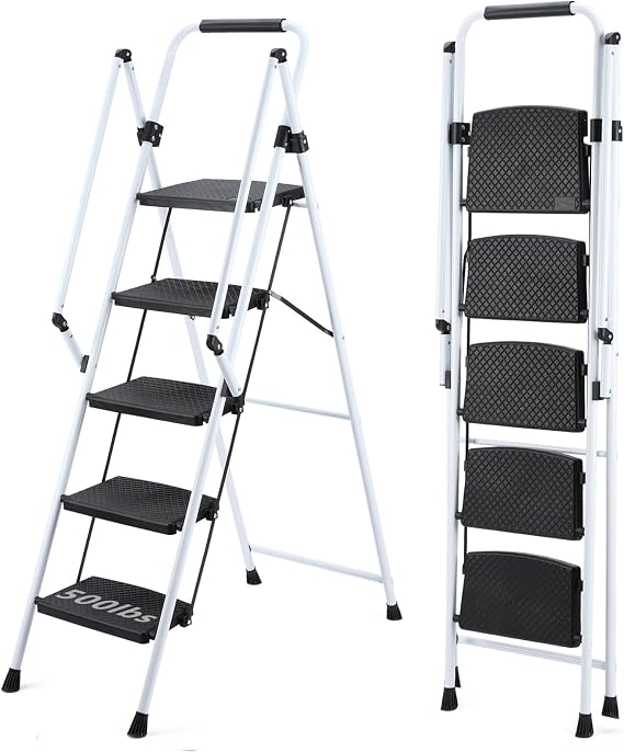 Step Ladders 5 Step Folding, Folding Step Ladder with Handle, Step Stool Ladder with Rubber Feet Capacity 500lbs, Tall Ladders for Home High Ceilings (White, 5 Tier Iron)