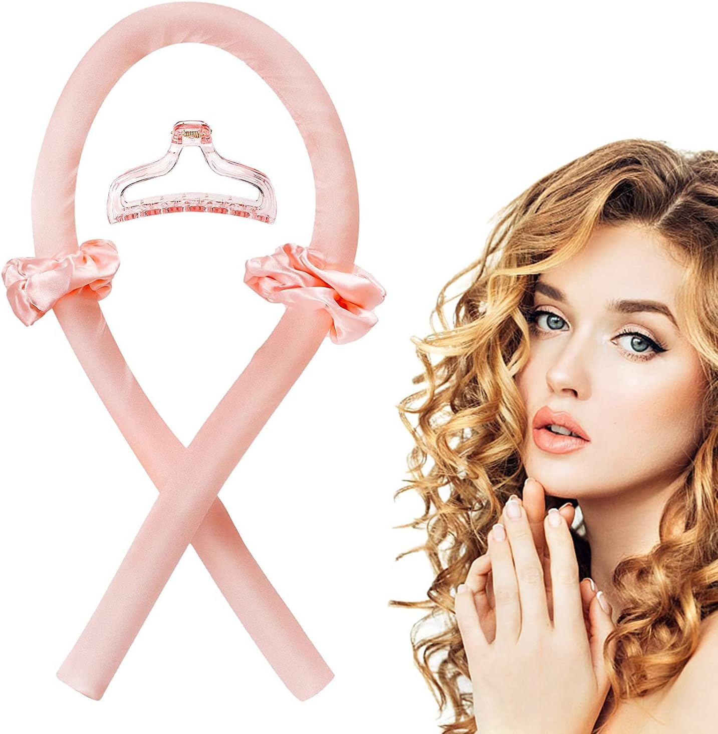 Heatless Rollers Hair Curlers for Long Hair, No Heat Satin Curling Headband To Sleep In, Soft Foam Hair Curling Rod Headband with Hair Clips & Scrunchie, DIY Natural Waves Styling Tool (Pink)
