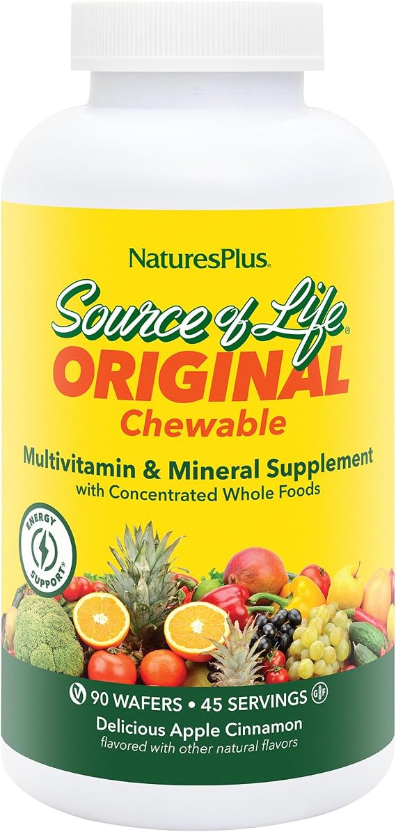 NaturesPlus Source of Life Adults Chewable, Apple Cinnamon - 90 Wafers - Multivitamin & Mineral Supplement - Immune & Digestive Health Support with Vitamin D3 - Gluten Free, Vegetarian - 45 Servings
