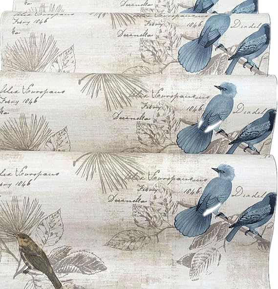Vintage Floral Adhesive Paper Vinyl Shelf Liner Peel Stick Dresser Drawer Sticker Home Deco 17.7inch by 118inch (Bird)