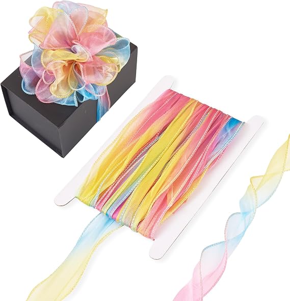 11 Yards Iridescent Organza Ribbon 2-1/8 inch Sheer Craft Ribbon Sheer Trim Chiffon Ribbon Colorful Clear Fabric Ribbon for Flowers Bouquets Wedding Gift Wrapping Decors