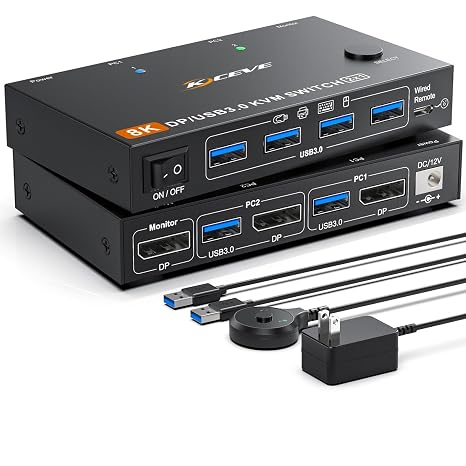KCEVE KVM Switch 2 Computer 1 Monitor Displayport 4K@240Hz 8K@60Hz | USB 3.0 KVM Switch Displayport 2.1 for 2 PC Share 4 USB Devices Keyboard Mouse,Wired Remote(8K DP 2 in 1 out KVM)
