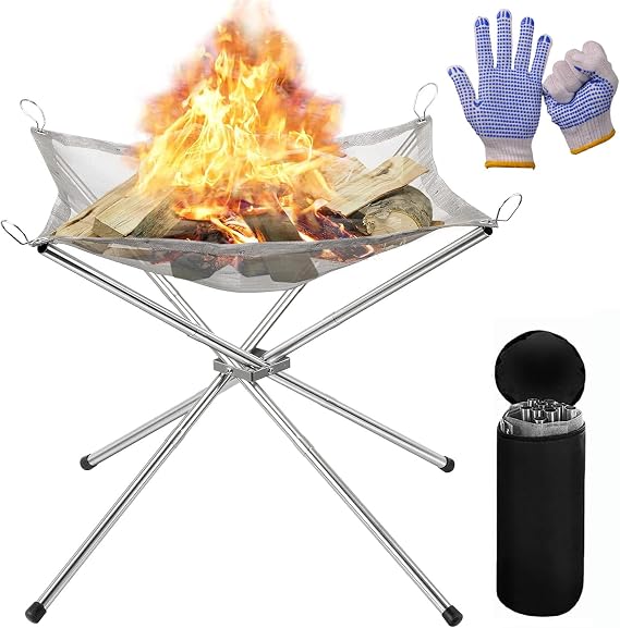 Portable Fire Pit for Camping, 42cm Outdoor Folding Firepit Fireplace with Heat Resistant Gloves & Carrying Bag, Stainless Steel Foldable Mesh BBQ Fire Bowl for Picnics, Bonfire (Sliver, Medium)