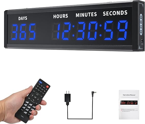 Large Digital Count Up Count Down Timer, Multi-Function 999 Days Countdown Remote Control 12/24 Hour Real Time Clock Calendar, Blue Large Display(18.8"*5") Buzzer Alert for Event