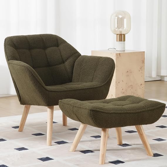 Boucle Accent Chair with Ottoman, Modern Fuzzy Sherpa Lounge Chair Armchair and Footrest Set for Small Space Living Room Bedroom Apartment, Green Sherpa