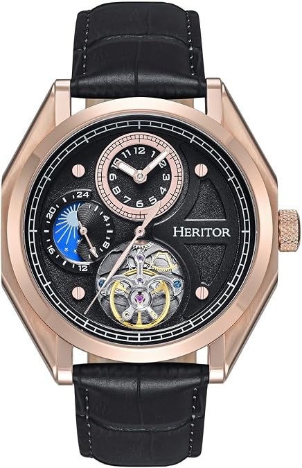 HERITOR Antoni Automatic Watch for Men 43mm Men's Watch with Jeweled Automatic Movement, 316L Stainless Steel Case, Leather Strap