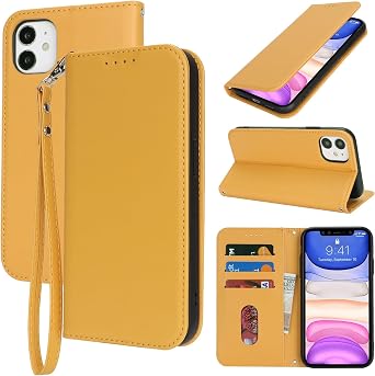 Fit for iPhone 11 Phone Case Wallet with Wrist Strap for Women Men,Wallet Case for iPhone 11 with Card Holder,Cash Pocket PU Leather Strong Magnetic with Kickstand,6.1" Yellow