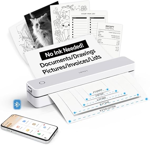 HPRT MT610 Portable Thermal Inkless Printer for iPhone/Android | Supports Thermal Paper, Multi-User Bluetooth, Compatible with iOS/Windows/Laptop for Home/School/Travel, White & 10sheets