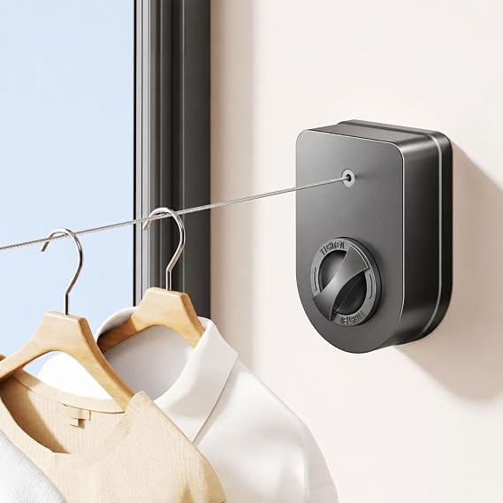 ROOM127 Retractable Clothesline, Wall Mounted Laundry Line | Black Finish, No-Drill Adhesive or Screw Setup, Non-Sagging Wall Mount for Towels Shirts Bathroom Balcony Indoor Outdoor Use