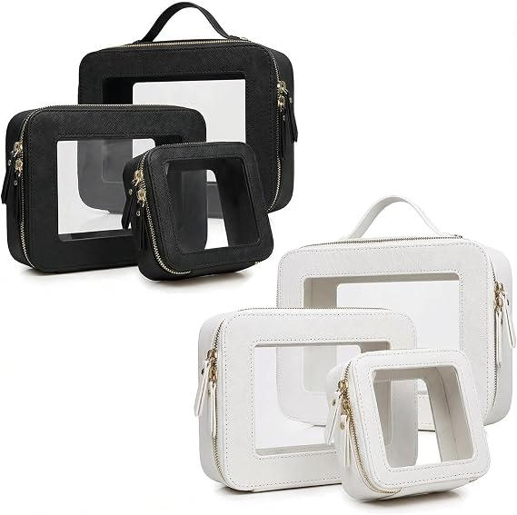 Clear Makeup Bag | Portable Waterproof Makeup Storage Bag | Travel-Specific Skincare Storage Bag | Women's Universal Daily Essentials Organizer (White&Black)