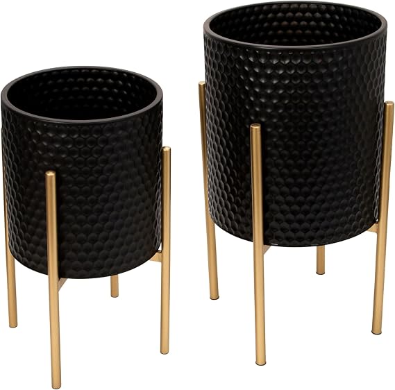 Decorative Flower Pots with Metal Stand for Home Decor - Modern Planters for Hallway, Entryway, and Living Room Decor - Indoor and Outdoor Pots for Plants - Set of 2, 23", 19", Black & Gold