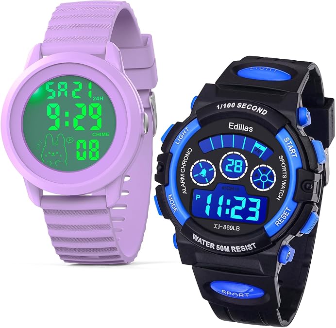 Edillas Kids Watch LED Waterproof Digital Alarm Stopwatch Boys Girls 5-15 | LED Lights 5ATM Waterproof Alarm Stopwatch Date Soft Strap, Ideal Kids 5-15 Sports, School & Outdoor Daily Wear