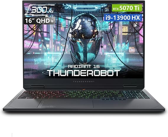 Thunderobot Radiant 16 i9 5070Ti 2.5K 300Hz Gaming Laptop, NVIDIA GeForce RTX 5070 Ti, Core i9-13900HX, 16" QHD+ 300Hz Display, 32GB DDR5, 1TB SSD, RGB Backlit KB, Wi-Fi 6, Win 11 Home, Black