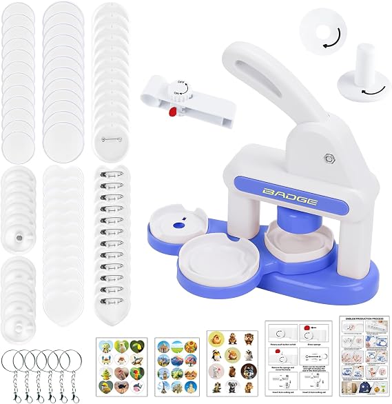 Badge Maker Machine Multiple-Sizes - Pin Maker Machine 1.38 inch+2.2 inch, Interchangeable Button-Models Badge Button Press Machine with 33+55mm Supplies&Circle Cutter (Blue)
