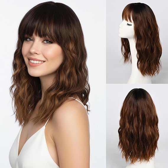 simkaylee Long Brown Wigs with Highlights for Women Wavy Mid Length Brown Highlighted Wig with Bangs Curly Heat Resistant Synthetic Hair for Daily Party Cosplay Use (16 inch)