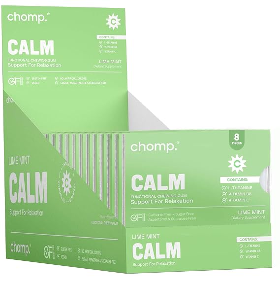 Chomp Gums CALM Chewing Gum, Sugar-Free with L-Theanine, Vitamin B6 & C, Gluten-Free, Aspartame & Sucralose Free, Lime Mint Flavor (12 Pack)