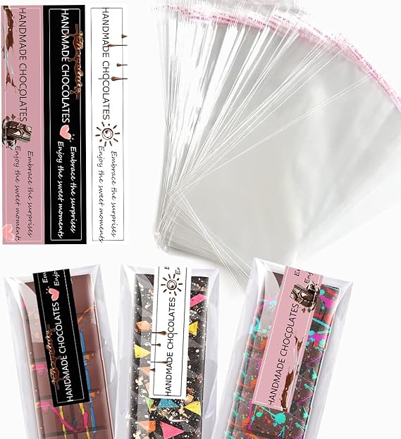 LTGICH 190Pcs Chocolate Bar Packaging Wrappers Stickers Set,100pcs 4"*7.9" Cellophane Clear Self Adhesive Bags and 90pcs Chocolate Stickers for DIY Chocolates Lover Small Batched Custom