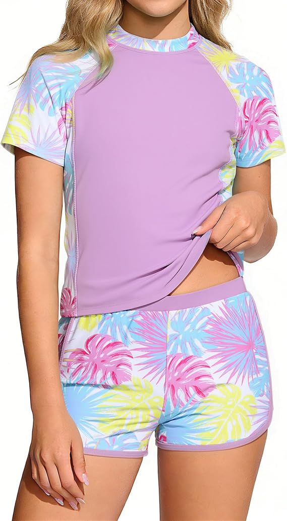 Enlifety 7-16T Girls Rash Guard Swimsuit 2 Piece Short Sleeve Bathing Suit