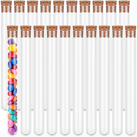 Pack of 20 Plastic Test Tubes with Corks, 16 x 150 mm Transparent Test Tubes, Laboratory Tubes, Test Tubes, Vase for Flowers, Spices, Liquids, Spices, DIY