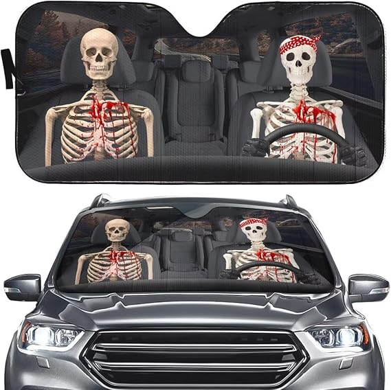 Skeleton Driver Windshield Sunshade,Halloween Scary Car Front Window Sun Shade,Skull Windshield Sun Shades Foldable Sun Visor Protector Block Cover Reflector Sunshield for Truck Car SUV