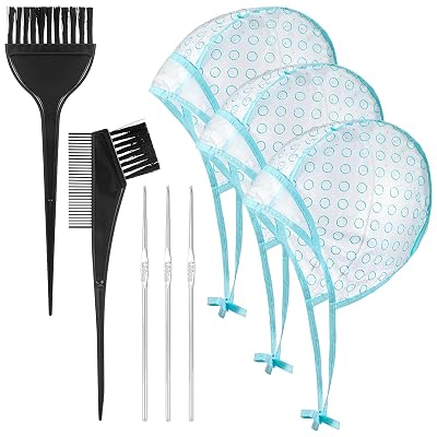3pcs Hair Color Cap, Highlight Caps for Hair with 3 Metal Hook and 2 Dye Comb & Brush for Salon Hairs Dyeing Hairdressing and DIY Dyeing Hairs, Blue Highlight Cap