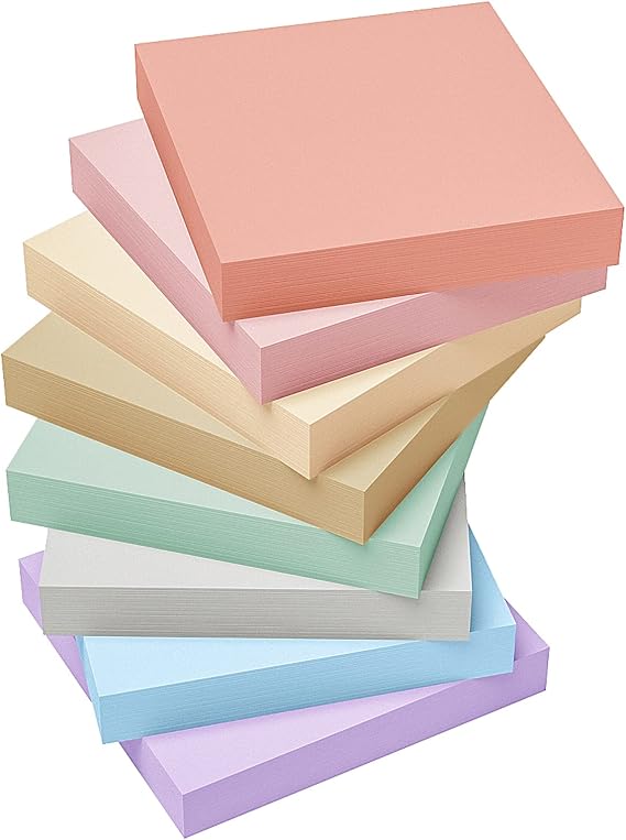 3x3 Inch Super Sticky Notes, 8 Pads (800 Sheets) Pastel Colors, Ink-Proof Self-Stick Notes for Office, Home &School