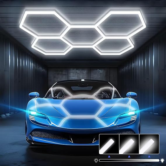 Hexagon Garage Lights - 3 Level Dimmable Hexagon Lights, Upgraded Brightness LED 192W ,6500K 25650LM Honeycomb light for Shop, Garage, Car Detailing,Workshop, Basement,Gym, Barber