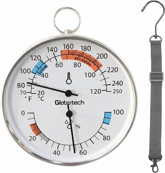 Globotech サウナ温度計と湿度計 ランヤード付き アナログ吊り下げ温度湿度計 スチームドライ赤外線サウナテント用 20-120°c デュアルスケール、0-100%rh、手動キャリブレーション