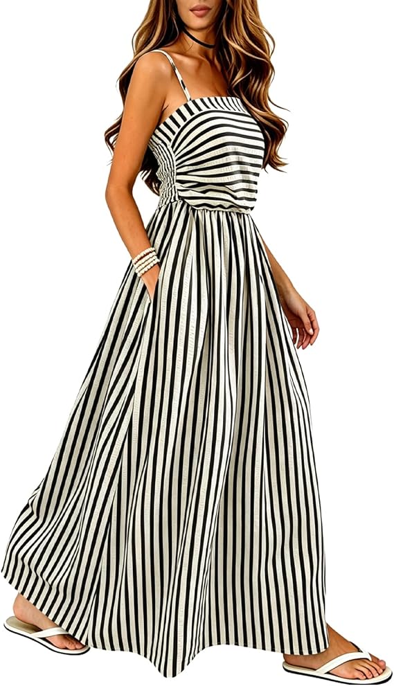 Women's Striped Maxi Dress Spaghetti Strap Back Smocked Flowy Swing Beach Sundress