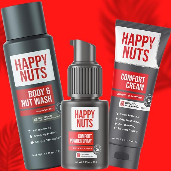 Happy Nuts Comfort Bundle - Comfort Cream Body Wash and Powder Spray - Anti-Chafing Sweat Defense and Men's Shower Body Wash