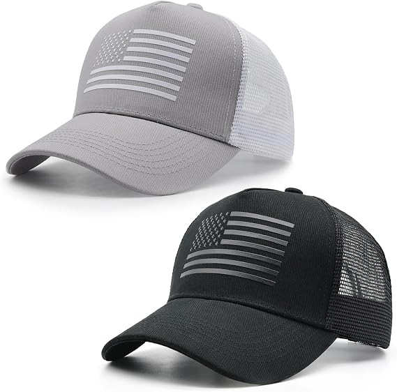 2 Packs American Flag Trucker Hat, Adjustable Mesh Snapback Baseball Caps for Men Women
