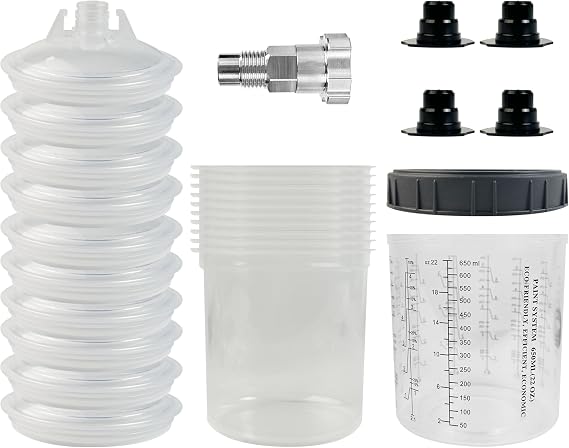 PORPHIS 使い捨てペイントカップ ポルフィス特殊スプレーガンアダプターキット付き - 650ml/22オンス - クリーンでない自動車用ミキシングカップ HVLP重力スプレーガン用 - 自動車ボディペイント用品10セット