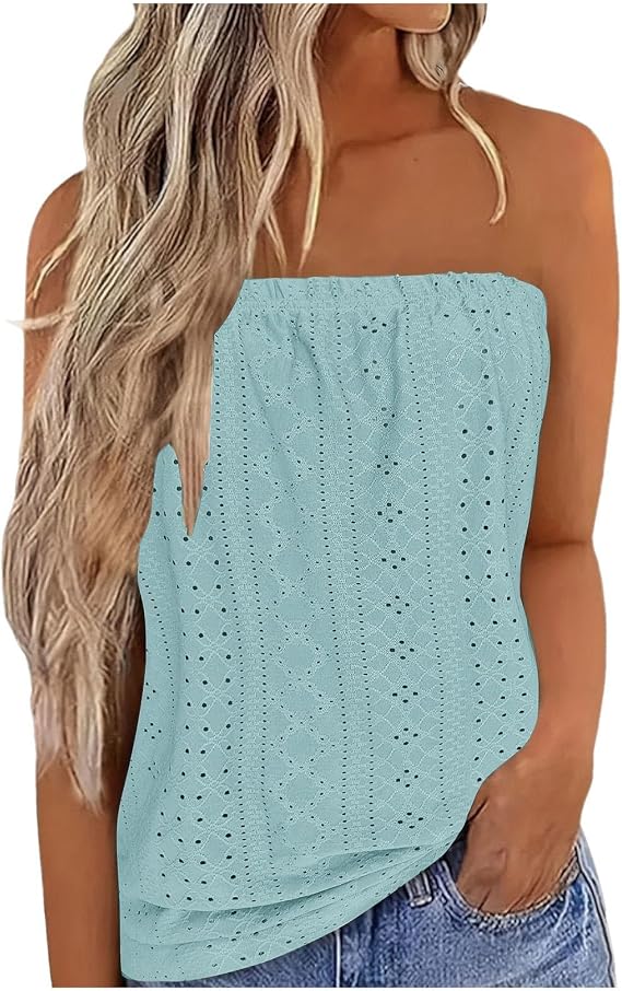 Summer Tops for Women UK Sale Promotion Strapless Vest Tops Sleeveless Tube Bandeau Tops Casual Loose Fit Blouse Tunic T Shirts Trendy Plain T Shirt Eyelet Tees Tank Tops Clearance