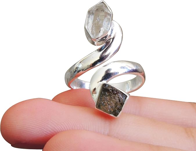 Herkimer Diamond Moldavite Ring | Adjustable Handmade Gemstone Ring | Handmade Ring | Sterling Silver 925