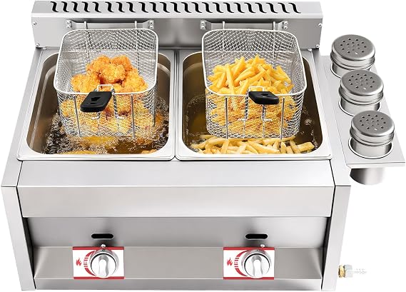 6L Stainless Steel Countertop Gas Fryer, Commercial LPG Gas Deep Fryer Dual Tank Propane LPG Oil Frying Pot Kitchen Frying Machine Snack Fryer with 2 Basket for French Fries Restaurant Home Kitchen