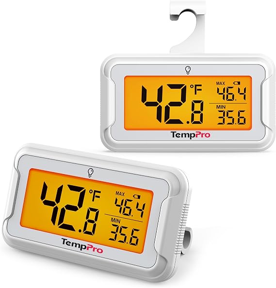 TempPro TempAir Refrigerator Thermometer 2 Pack, Large Backlit LCD Display
