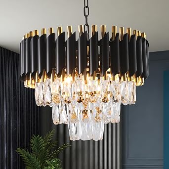 Modern Crystal Chandeliers 15.7Gold Contemporary Crystal Ceiling Lights Fixtures 3-Tiers 5 Lights Black Round Chandelier Pendant Light Fixtures for Entryway Living Room Dining Room Bedroom