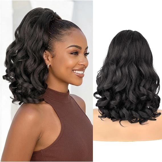 Curly Ends Yaki Straight Drawstring Ponytail for Black Women 18inch Long Brown Black Pony Tail Extension Synthetic Slight Kinky Straight Ponytail with Curly Ends(Brown Black)