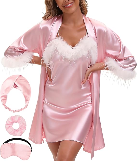 Satin Robe and Nightgown Set for Women Silk Satin Pajama with Feather