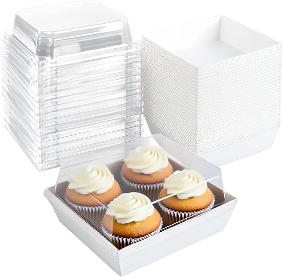 50 Pack 12cm Paper Cake Slice Boxes with Clear Lids, Square Food Containers for Charcuterie, Desserts & Bakery (White)