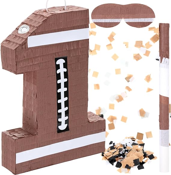 Poen Number 1 Football Pinata Small Sport Theme Pinata with Bat and Blindfold Confetti for Kids Birthday Party Decoration, 15.7 x 11 x 2.8 Inch