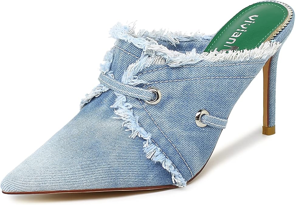vivianly Womens Denim Stiletto Heels Sandals Pointed Toe Heeled Mule Pumps