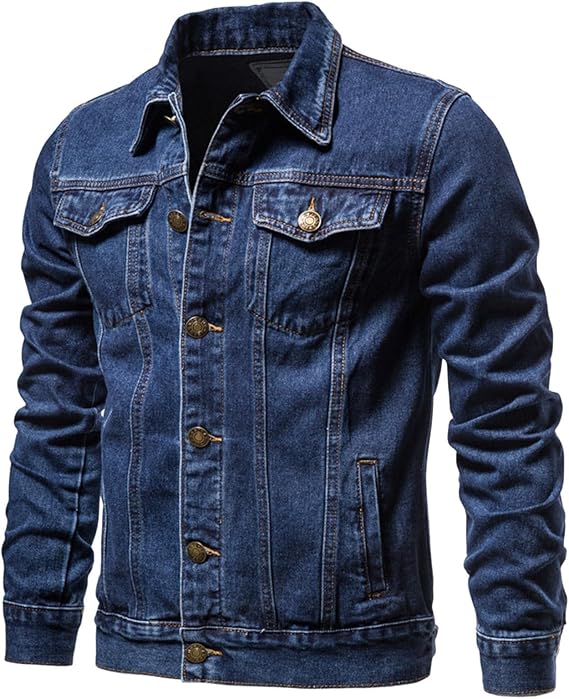 Men's Adult Black Denim Jacket, Button Closure, Cotton, Casual Button Down, Trucker Jacket, Versatile Style
