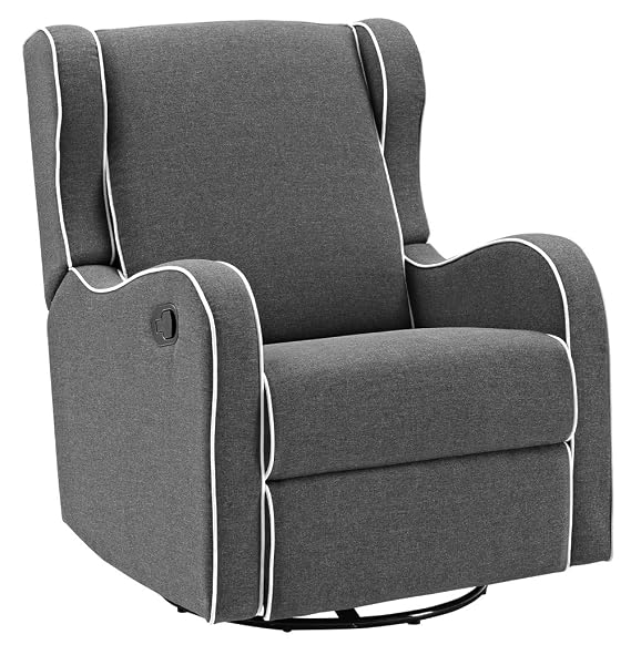 Angel Line Rebecca Upholstered Swivel Gliding Recliner, Dark Gray Linen with White Piping