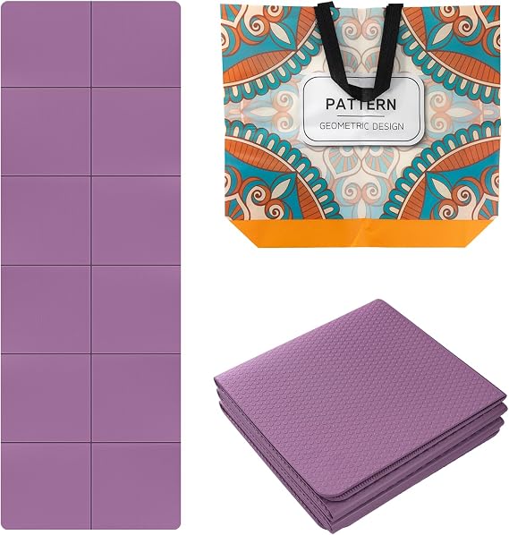 Foldable Yoga Mat for Women -Non Slip Exercise Mat with Stretch Strap, 72" L x 24" W x 0.24 Inch Travel Yoga Mats Set for Home/Gym, Ideal for Yoga, Pilates & Fitness Purple