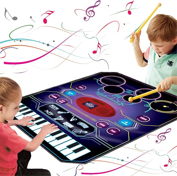 2 in 1 Piano Drum Musical Mat Toy for Kids 3-6 Year Old Boys Girls | Record & Playback, Built-in Songs, 8 Instrument Sounds, 24 Keys, Christmas Birthday Gifts for Toddler 3 4 5 6 Years