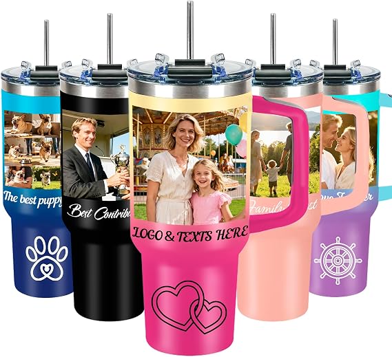 Personalized 40 OZ Tumbler with Picture Logo Text Name, Custom Water Bottle